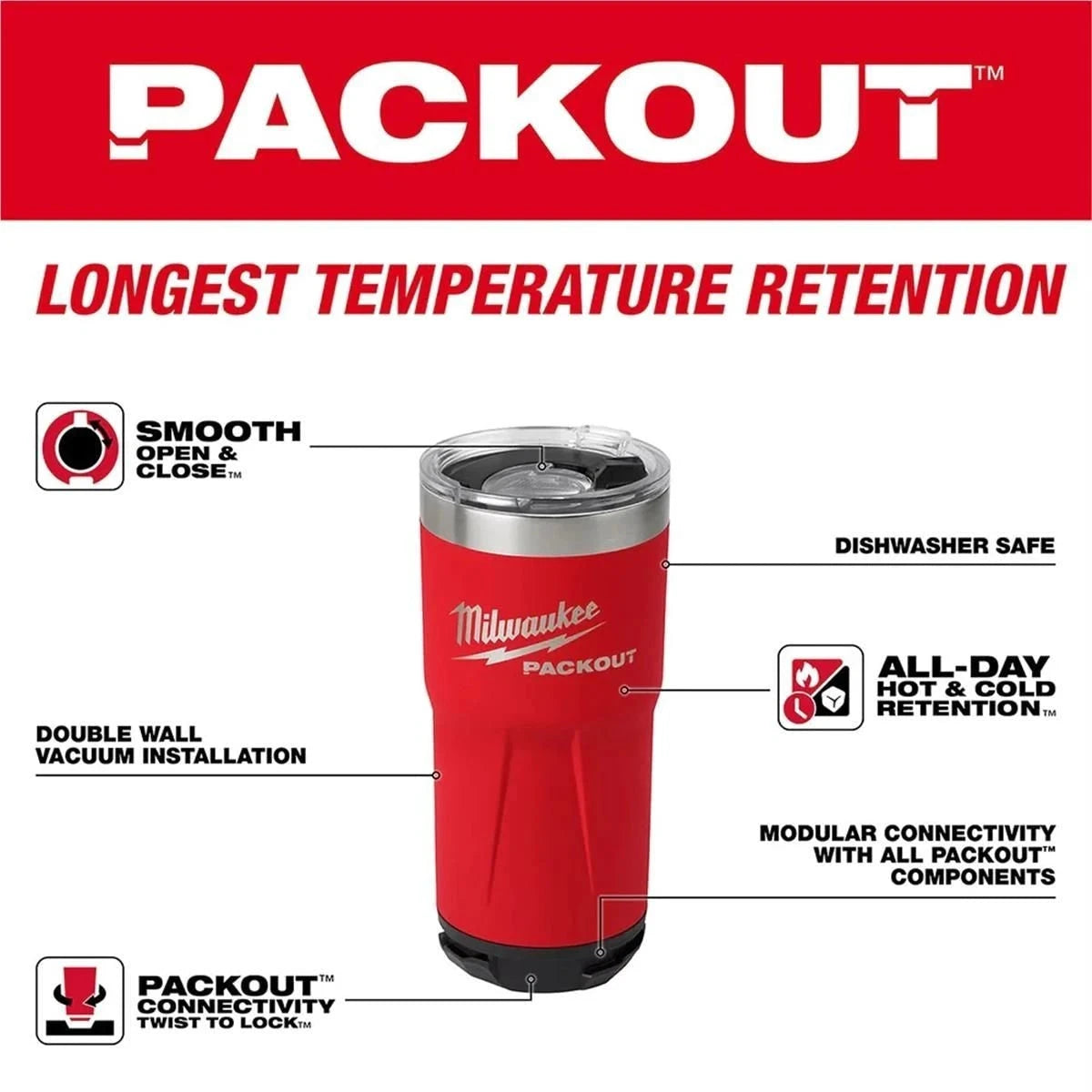 M.A.M Auto Parts Milwaukee 48-22-8392R PACKOUT 20 oz. Red Insulated Tumbler Mug Coffee Cup - Tumblers Milwaukee Tools
