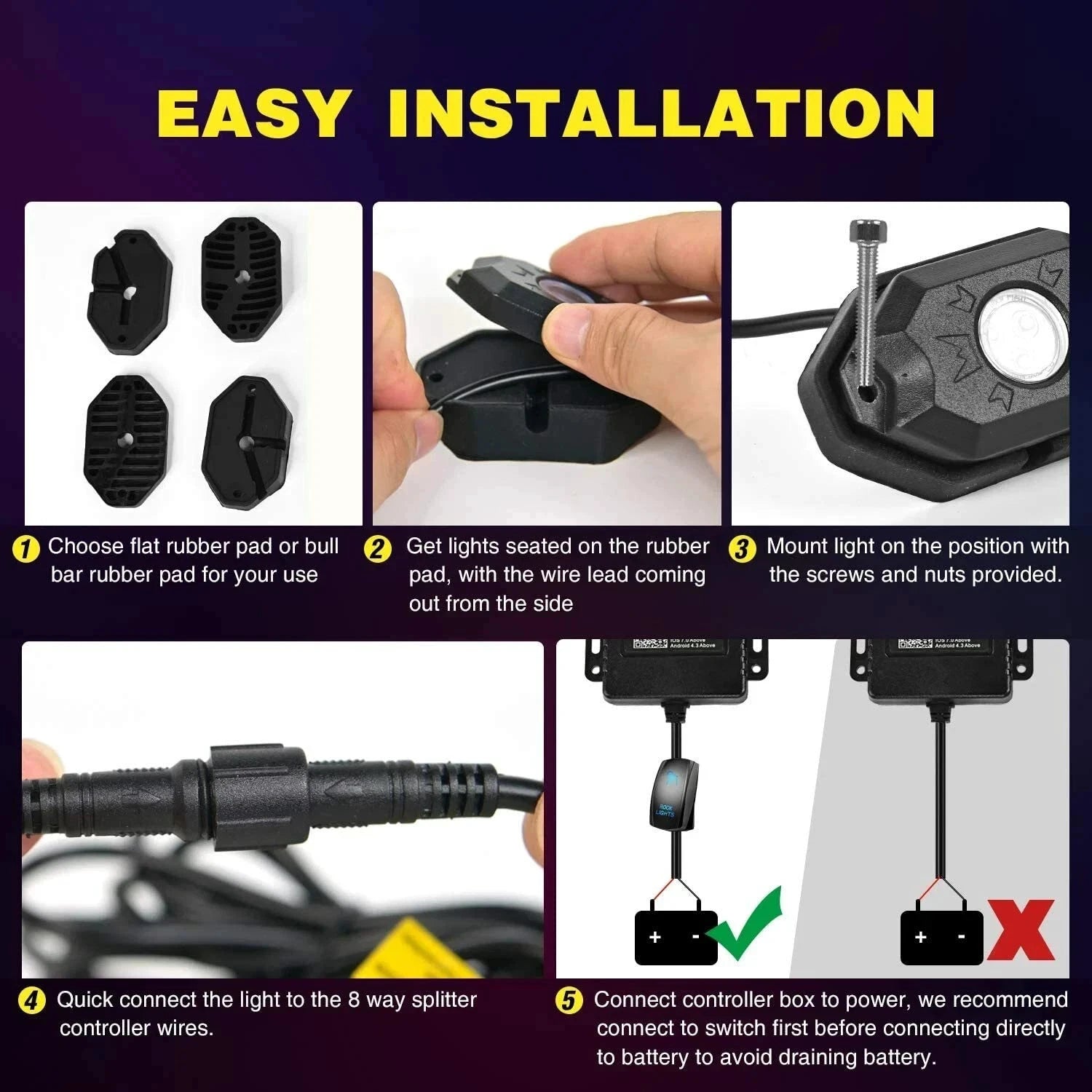 M.A.M Auto Parts Nilight 4 pods RGB LED Rock Lights Kit Underbody Lights w/ Remote for Truck ATV - Light Bars ATV/UTV ACCESSORIES